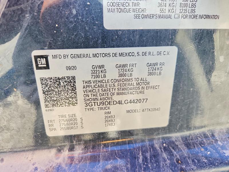 Aukcja sprzedaży 2020 Gmc Sierra, vin: 3GTU9DED4LG442077, numer aukcji: 57520526