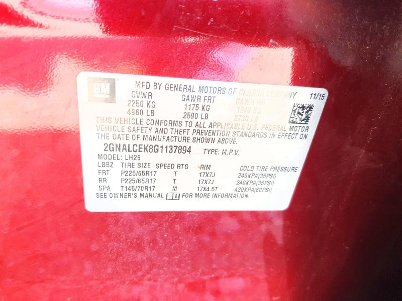 2016 Chevrolet Equinox მანქანა იყიდება აუქციონზე, vin: 2GNALCEK8G1137894, აუქციონის ნომერი: 57257316
