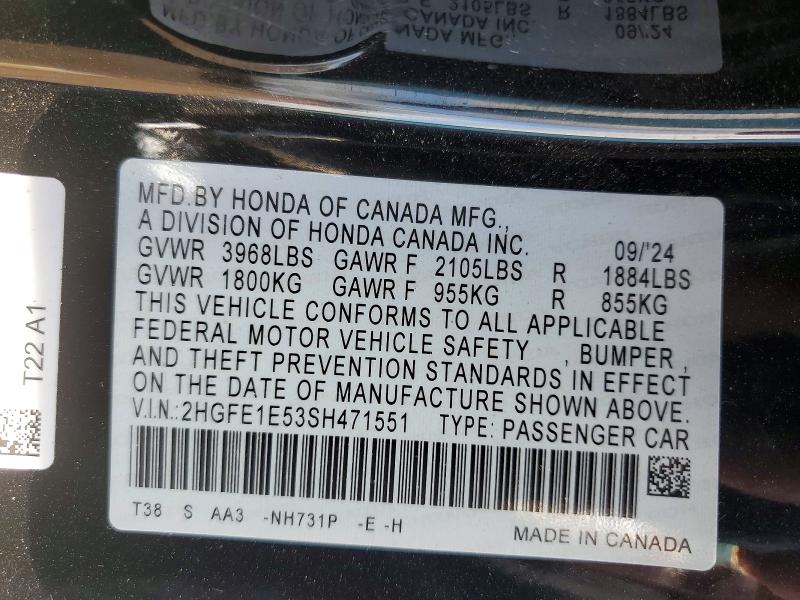 Продаж на аукціоні авто 2025 Honda Civic, vin: 2HGFE1E53SH471551, номер лоту: 56783306
