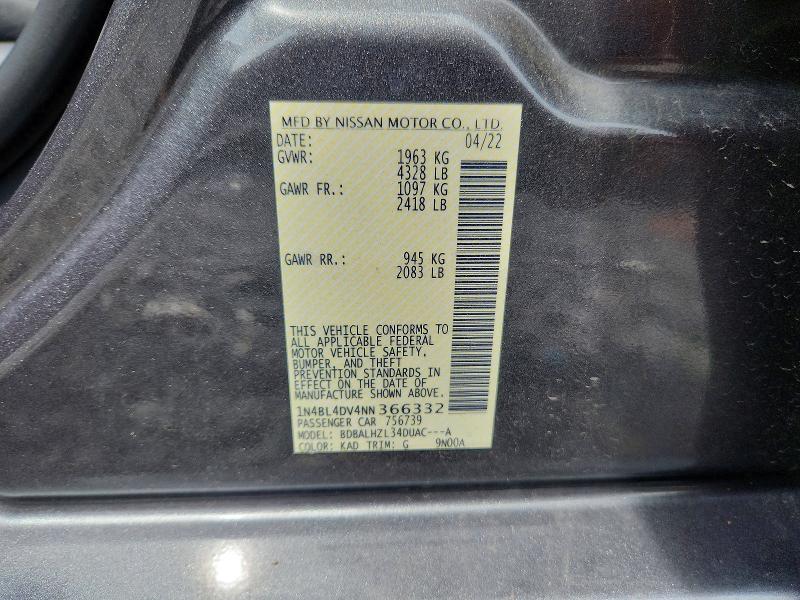 Продаж на аукціоні авто 2022 Nissan Altima, vin: 1N4BL4DV4NN366332, номер лоту: 58615546
