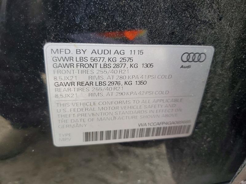 2016 Audi Sq5 მანქანა იყიდება აუქციონზე, vin: WA1CCAFP4GA089665, აუქციონის ნომერი: 58623076