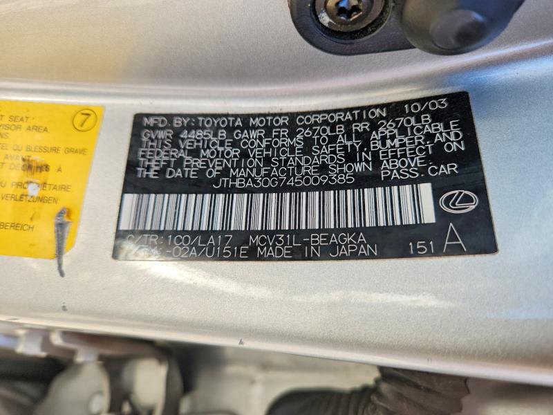 2004 Lexus Es მანქანა იყიდება აუქციონზე, vin: JTHBA30G745009385, აუქციონის ნომერი: 59075326