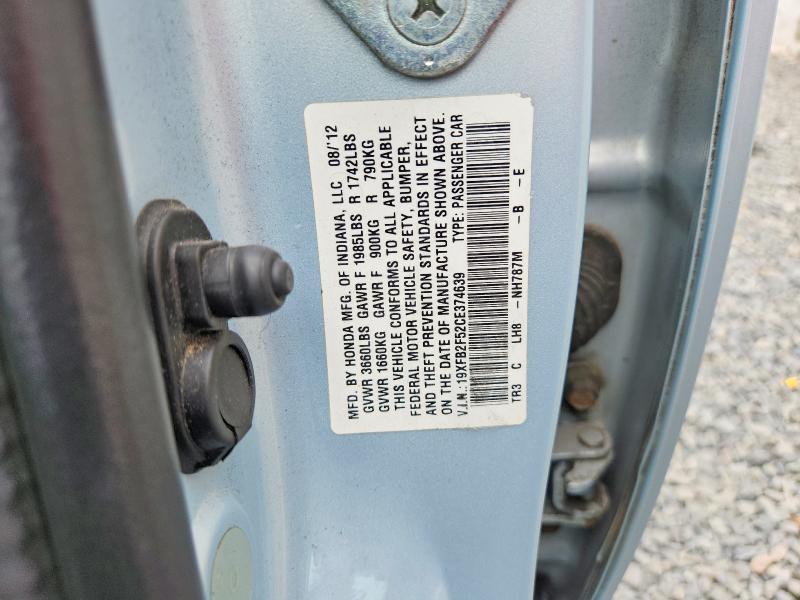 Продаж на аукціоні авто 2012 Honda Civic, vin: 19XFB2F52CE374639, номер лоту: 58895506