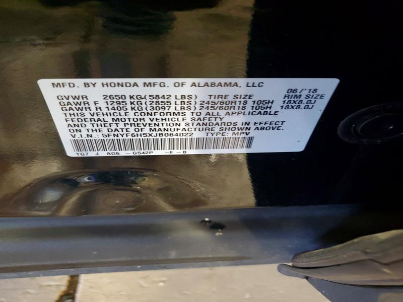 2018 Honda Pilot მანქანა იყიდება აუქციონზე, vin: 5FNYF6H5XJB064022, აუქციონის ნომერი: 56581246