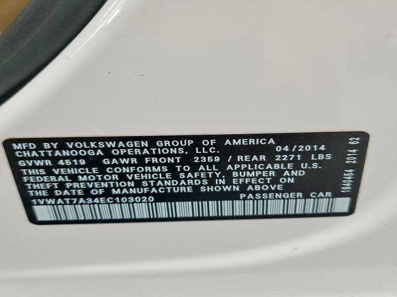 Aukcja sprzedaży 2014 Volkswagen Passat, vin: 1VWAT7A34EC103020, numer aukcji: 55579566