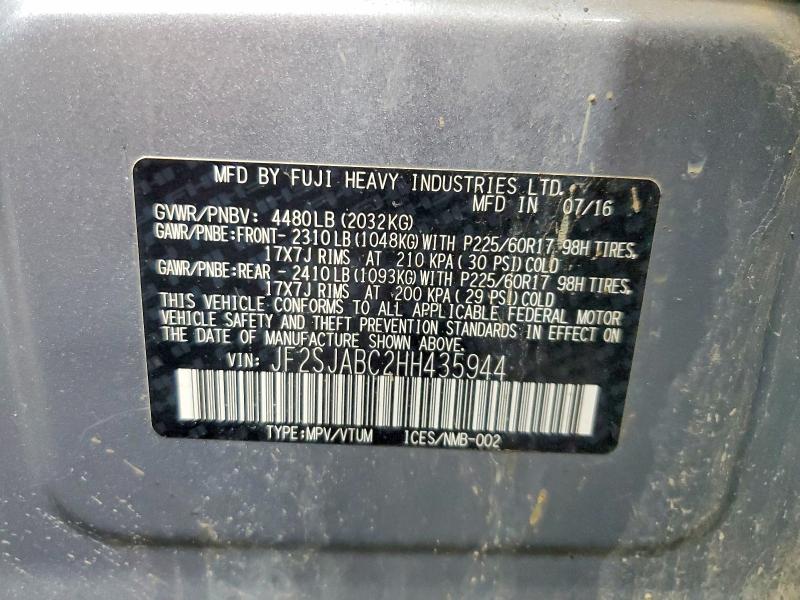 2017 Subaru Forester მანქანა იყიდება აუქციონზე, vin: JF2SJABC2HH435944, აუქციონის ნომერი: 55312366