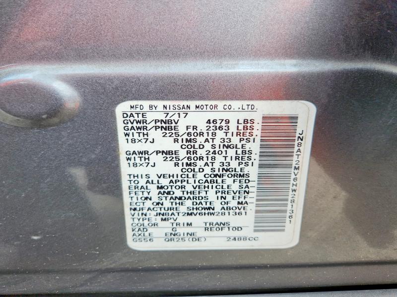 58631516 :رقم المزاد ، JN8AT2MV6HW281361 vin ، 2017 Nissan Rogue مزاد بيع