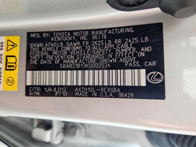 2019 Lexus Es მანქანა იყიდება აუქციონზე, vin: 58AB21B13KU002534, აუქციონის ნომერი: 56642786