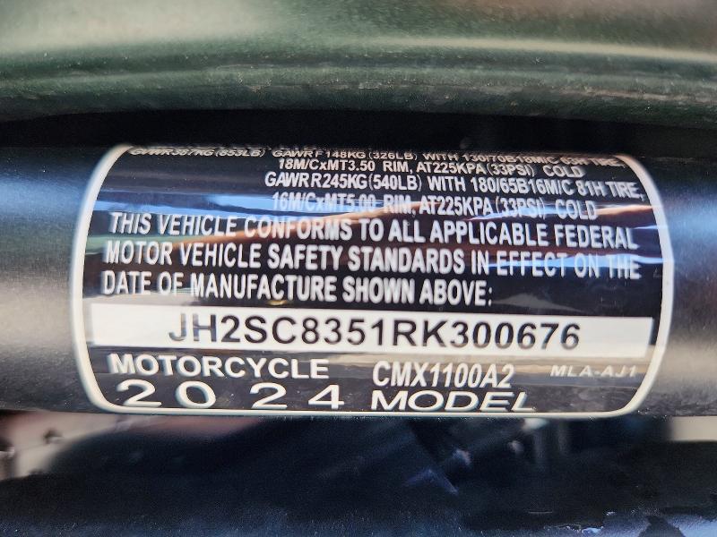 Aukcja sprzedaży 2024 Honda Cmx1100, vin: JH2SC8351RK300676, numer aukcji: 58790176