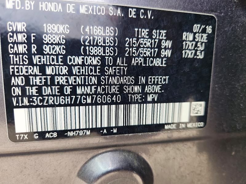 59152076 :رقم المزاد ، 3CZRU6H77GM760640 vin ، 2016 Honda Hr-v مزاد بيع