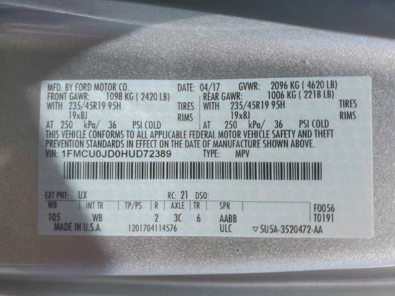 2017 Ford Escape მანქანა იყიდება აუქციონზე, vin: 1FMCU0JD0HUD72389, აუქციონის ნომერი: 56892346