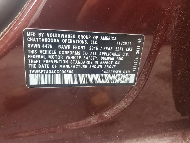59085056 :رقم المزاد ، 1VWBP7A34CC030589 vin ، 2012 Volkswagen Passat مزاد بيع