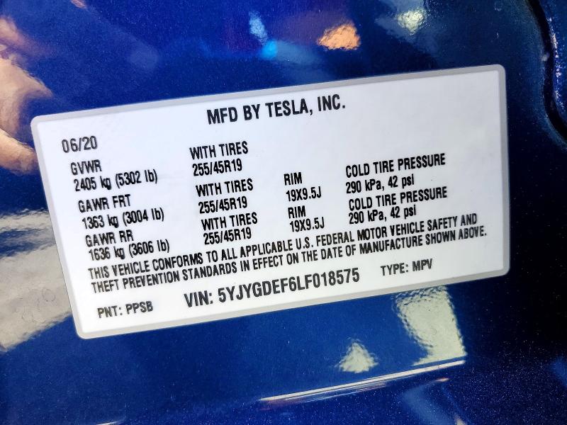 Продажа на аукционе авто 2020 Tesla Model Y, vin: 5YJYGDEF6LF018575, номер лота: 58155036