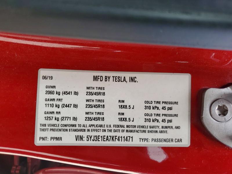 57000626 :رقم المزاد ، 5YJ3E1EA7KF411471 vin ، 2019 Tesla Model 3 مزاد بيع