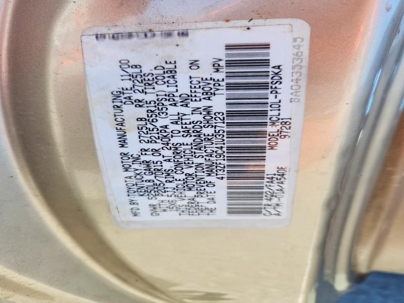 57889316 :رقم المزاد ، 4T3ZF19C41U357123 vin ، 2001 Toyota Sienna مزاد بيع