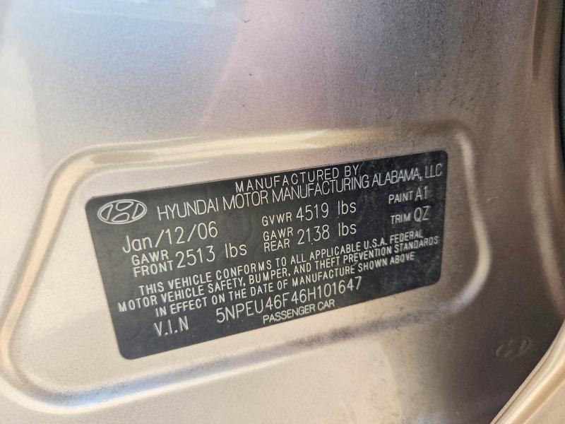 2006 Hyundai Sonata მანქანა იყიდება აუქციონზე, vin: 5NPEU46F46H101647, აუქციონის ნომერი: 55747966
