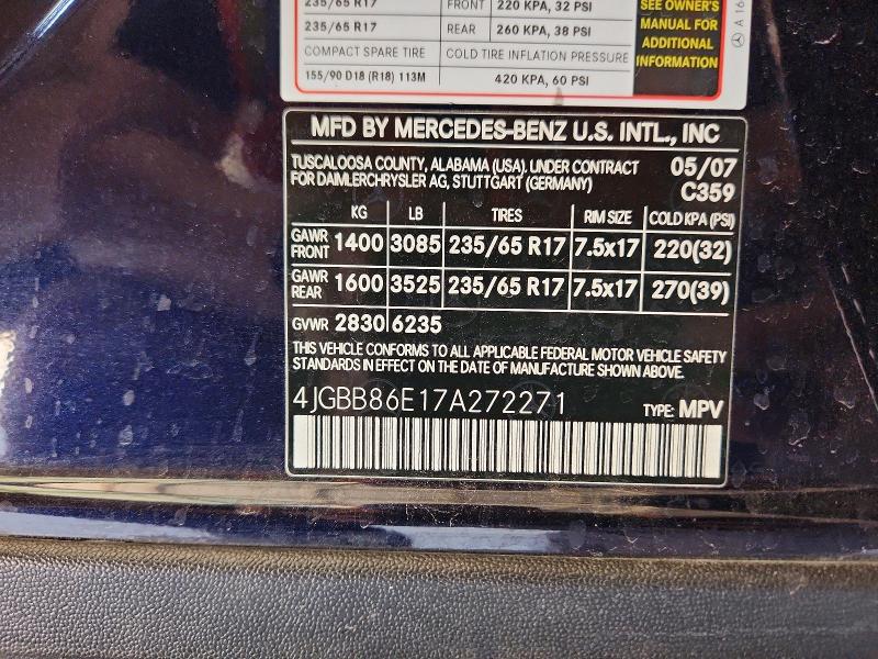 57040956 :رقم المزاد ، 4JGBB86E17A272271 vin ، 2007 Mercedes-benz Ml مزاد بيع