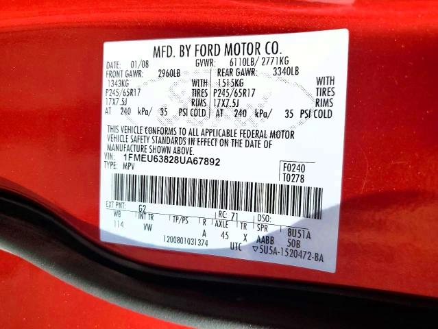 2008 Ford Explorer მანქანა იყიდება აუქციონზე, vin: 1FMEU63828UA67892, აუქციონის ნომერი: 59365096