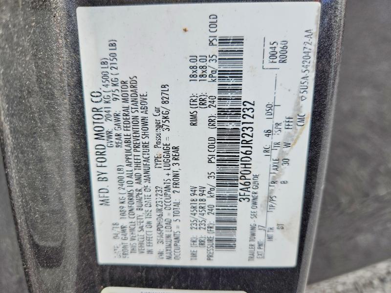 Auction sale of the 2018 Ford Fusion, vin: 3FA6P0HD6JR231232, lot number: 57200906