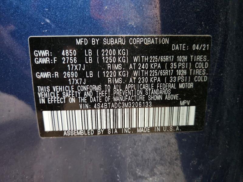 Продаж на аукціоні авто 2021 Subaru Outback, vin: 4S4BTADC3M3206133, номер лоту: 55892646