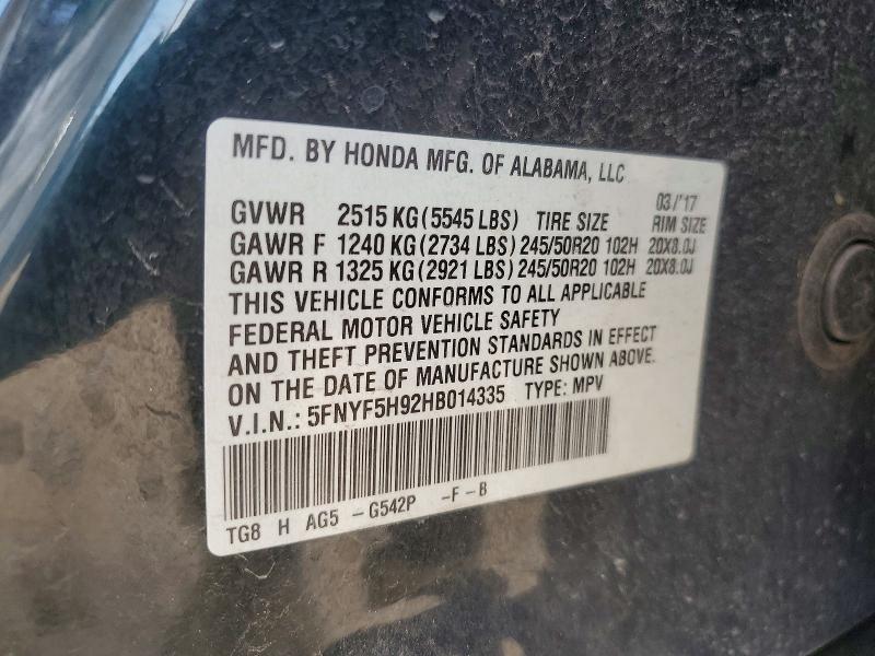 58976486 :رقم المزاد ، 5FNYF5H92HB014335 vin ، 2017 Honda Pilot مزاد بيع