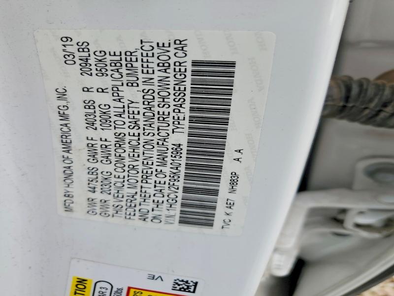 2019 Honda Accord მანქანა იყიდება აუქციონზე, vin: 1HGCV2F95KA015964, აუქციონის ნომერი: 56040096