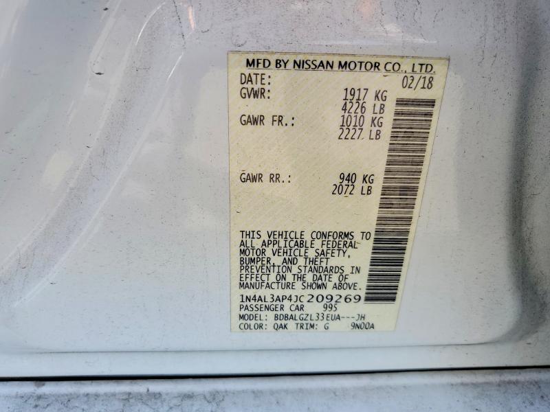 2018 Nissan Altima მანქანა იყიდება აუქციონზე, vin: 1N4AL3AP4JC209269, აუქციონის ნომერი: 56889326