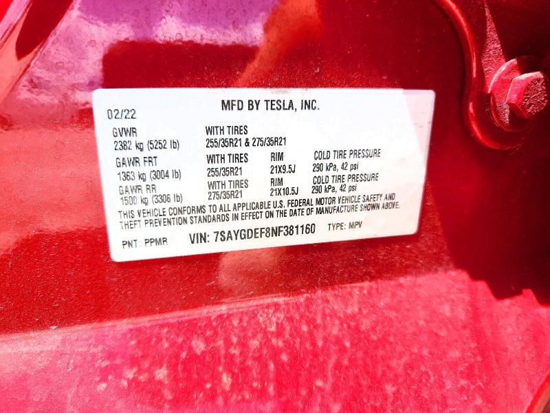 58202436 :رقم المزاد ، 7SAYGDEF8NF381160 vin ، 2022 Tesla Model Y مزاد بيع