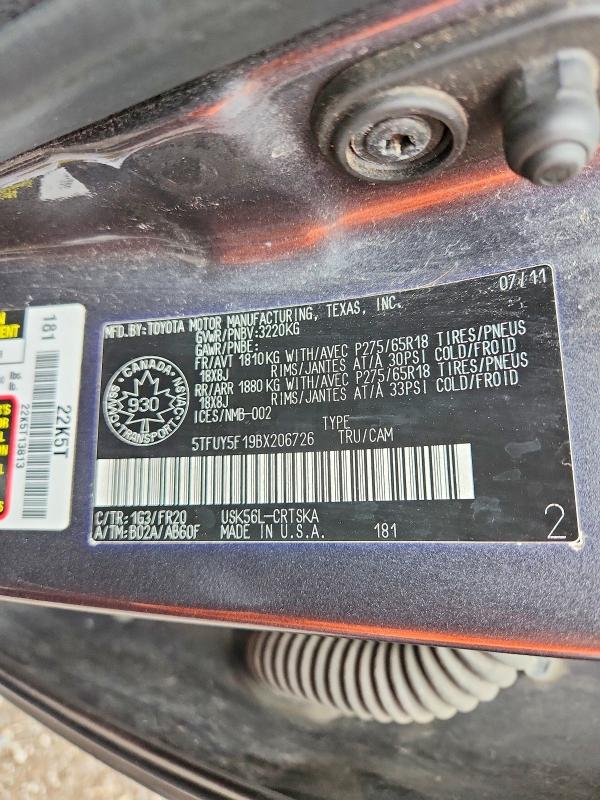 58427626 :رقم المزاد ، 5TFUY5F19BX206726 vin ، 2011 Toyota Tundra مزاد بيع