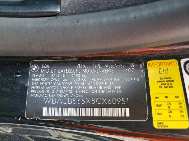 56653186 :رقم المزاد ، WBAEB535X8CX60951 vin ، 2008 Bmw 650 مزاد بيع