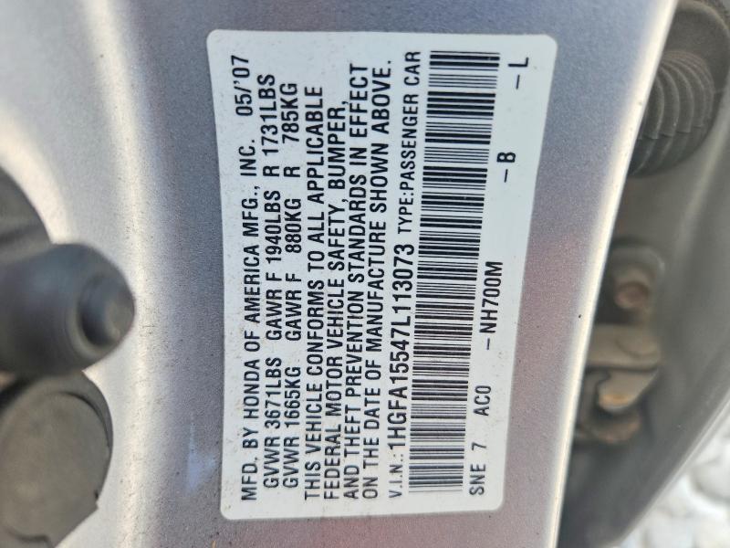 Продаж на аукціоні авто 2007 Honda Civic, vin: 1HGFA15547L113073, номер лоту: 56106196