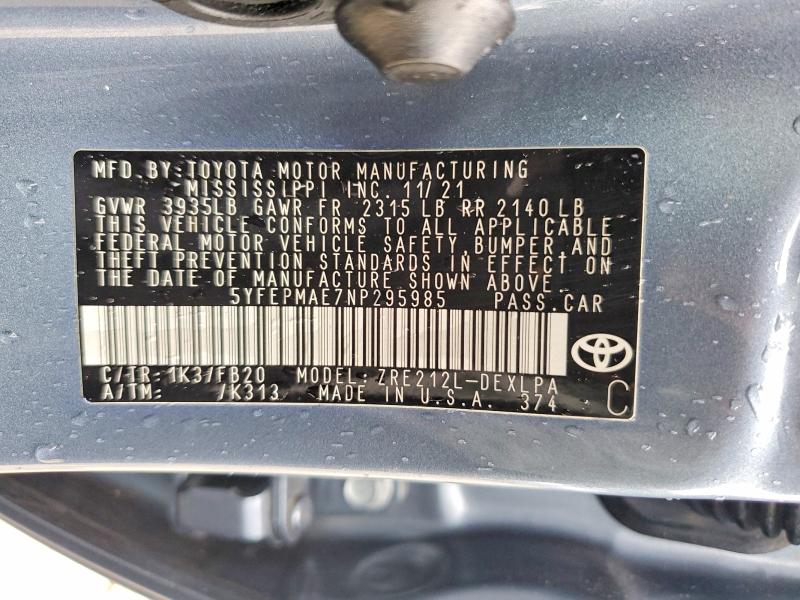 2022 Toyota Corolla მანქანა იყიდება აუქციონზე, vin: 5YFEPMAE7NP295985, აუქციონის ნომერი: 57412956
