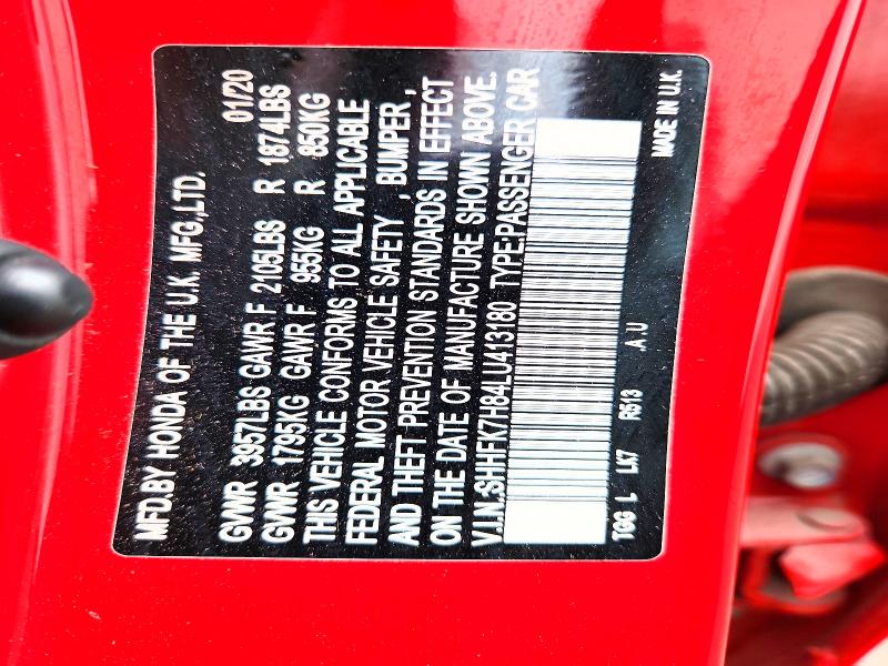 2020 Honda Civic მანქანა იყიდება აუქციონზე, vin: SHHFK7H84LU413180, აუქციონის ნომერი: 85635055