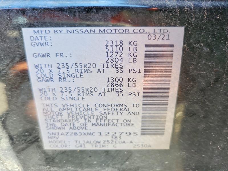 2021 Nissan Murano მანქანა იყიდება აუქციონზე, vin: 5N1AZ2BJXMC122795, აუქციონის ნომერი: 57142796