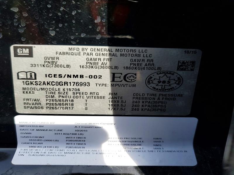 55006276 :رقم المزاد ، 1GKS2AKC0GR176993 vin ، 2016 Gmc Yukon مزاد بيع