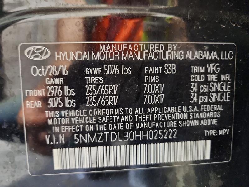 56616956 :رقم المزاد ، 5NMZTDLB0HH025222 vin ، 2017 Hyundai Santa Fe Sport مزاد بيع