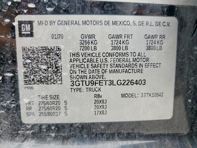 56986836 :رقم المزاد ، 3GTU9FET3LG226403 vin ، 2020 Gmc Sierra مزاد بيع
