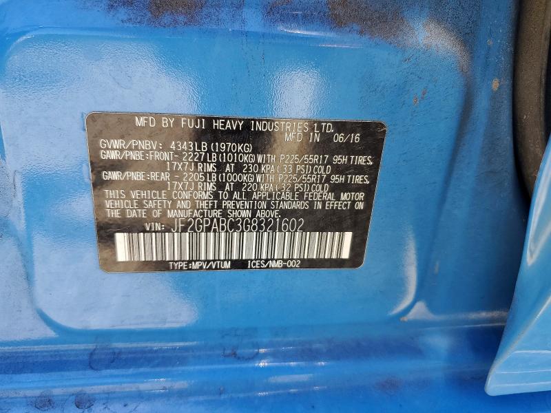 57508166 :رقم المزاد ، JF2GPABC3G8321602 vin ، 2016 Subaru Crosstrek مزاد بيع