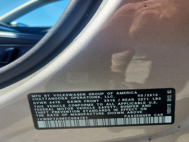 56295856 :رقم المزاد ، 1VWBP7A36CC064761 vin ، 2012 Volkswagen Passat مزاد بيع