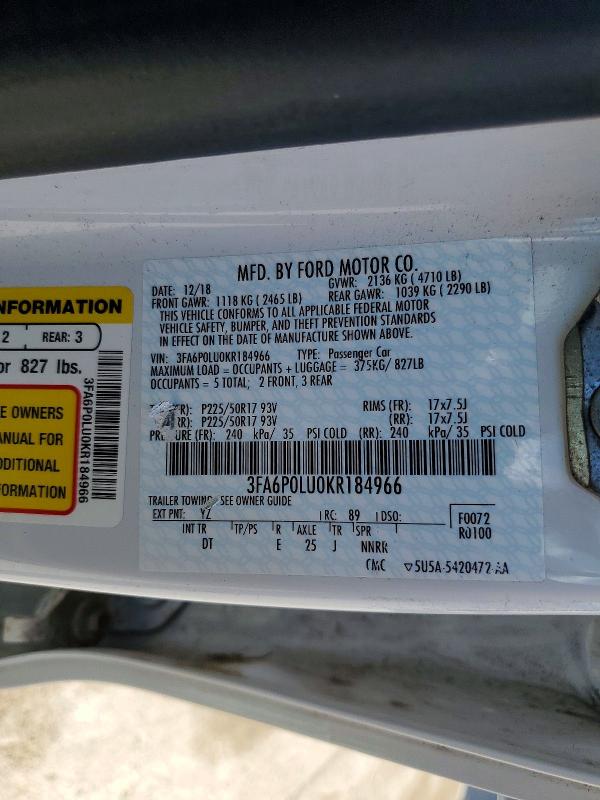 58371946 :رقم المزاد ، 3FA6P0LU0KR184966 vin ، 2019 Ford Fusion مزاد بيع