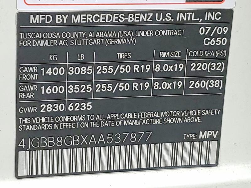 59297206 :رقم المزاد ، 4JGBB8GBXAA537877 vin ، 2010 Mercedes-benz Ml مزاد بيع