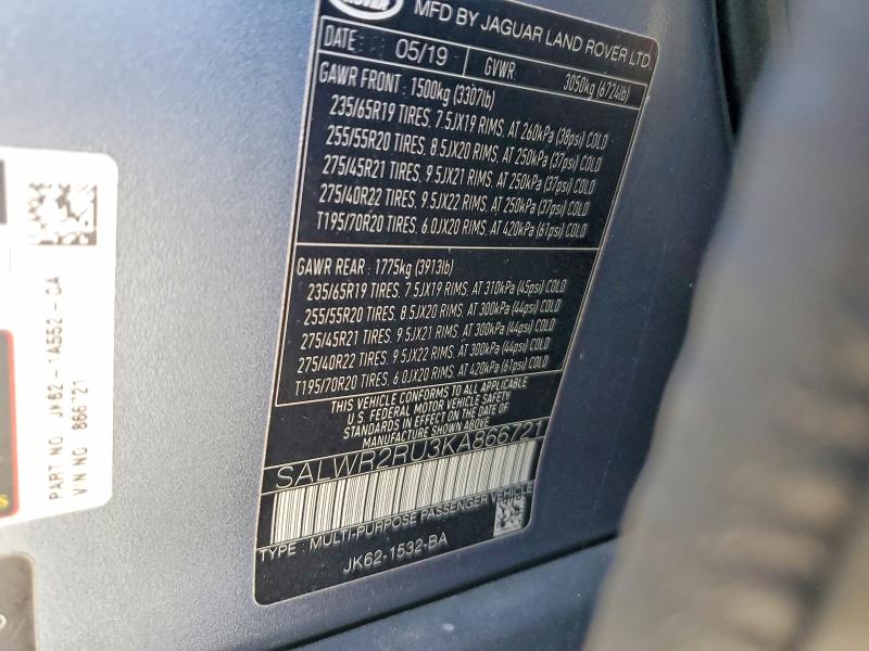 Aukcja sprzedaży 2019 Land Rover Range Rover Sport, vin: SALWR2RU3KA866721, numer aukcji: 57342886