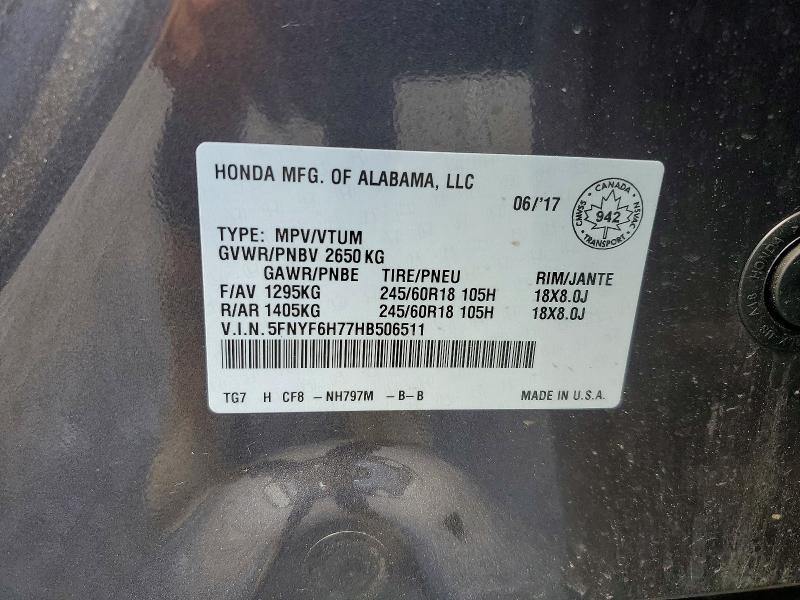 Aukcja sprzedaży 2017 Honda Pilot, vin: 5FNYF6H77HB506511, numer aukcji: 57715726