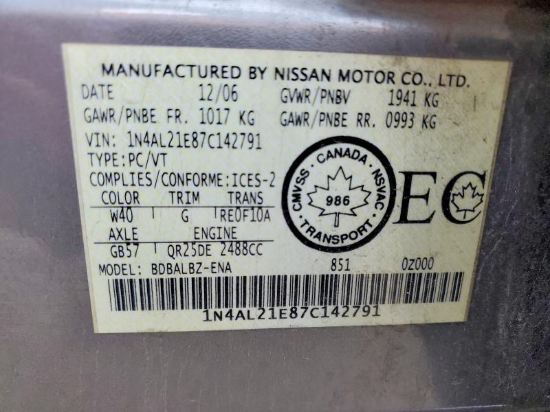 Продажа на аукционе авто 2007 Nissan Altima, vin: 1N4AL21E87C142791, номер лота: 57748946