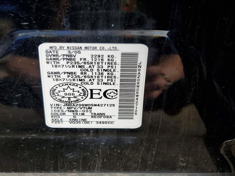 2005 Nissan Murano მანქანა იყიდება აუქციონზე, vin: JN8AZ08W05W427125, აუქციონის ნომერი: 56655366