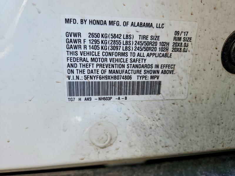 Продаж на аукціоні авто 2017 Honda Pilot, vin: 5FNYF6H9XHB074806, номер лоту: 58393346