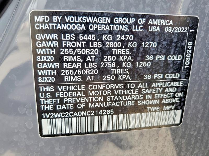 2022 Volkswagen Atlas Cross Sport მანქანა იყიდება აუქციონზე, vin: 1V2WC2CA0NC214265, აუქციონის ნომერი: 56841616