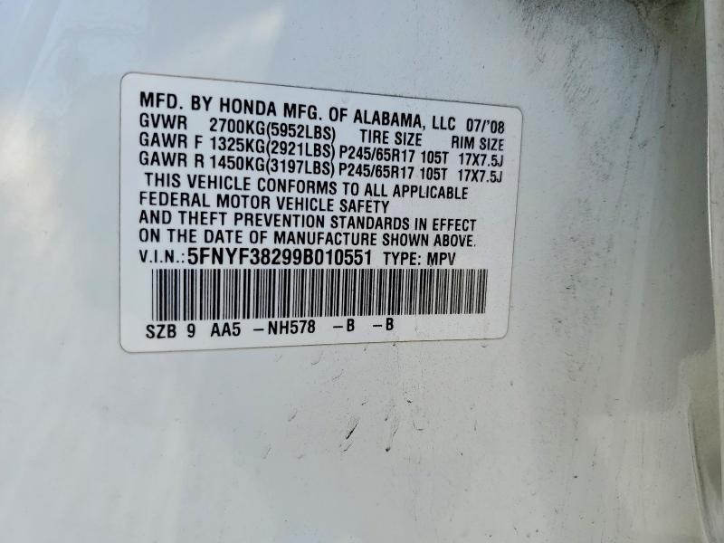 Продажа на аукционе авто 2009 Honda Pilot, vin: 5FNYF38299B010551, номер лота: 58949336