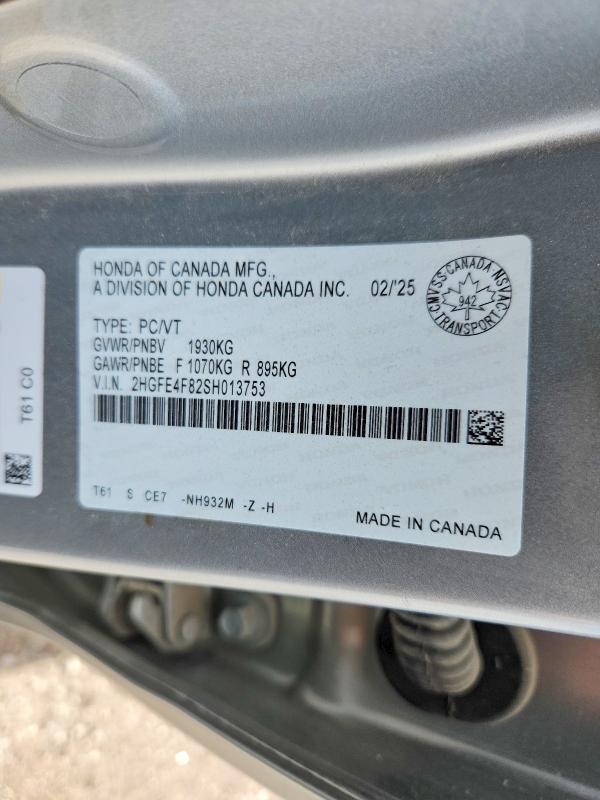 Продаж на аукціоні авто 2025 Honda Civic, vin: 2HGFE4F82SH013753, номер лоту: 57237456