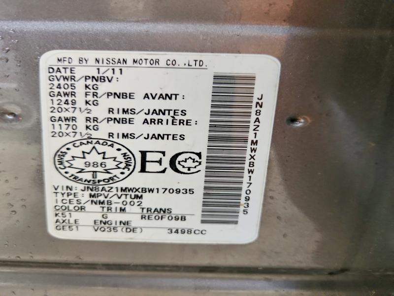 57058306 :رقم المزاد ، JN8AZ1MWXBW170935 vin ، 2011 Nissan Murano مزاد بيع